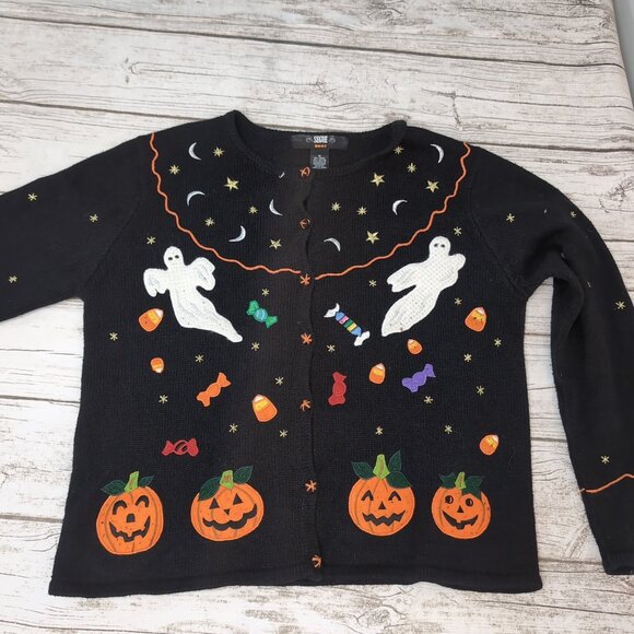 Segue Boo! Halloween Cardigan Sweater Black Ghost Pumpkin Candy – Women’s M - Picture 1 of 8